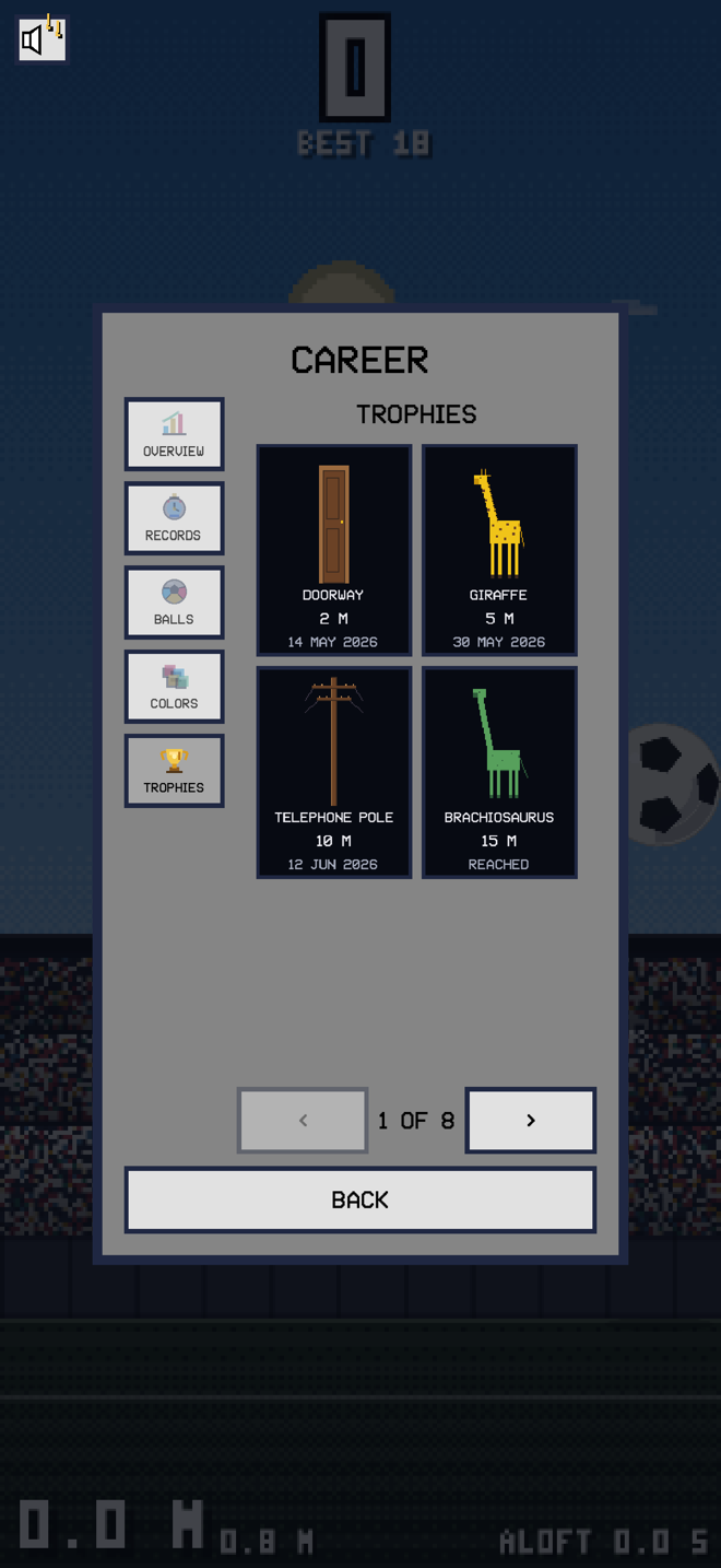 Keepy Uppy '26 career screen showing progress, stats, and unlocks