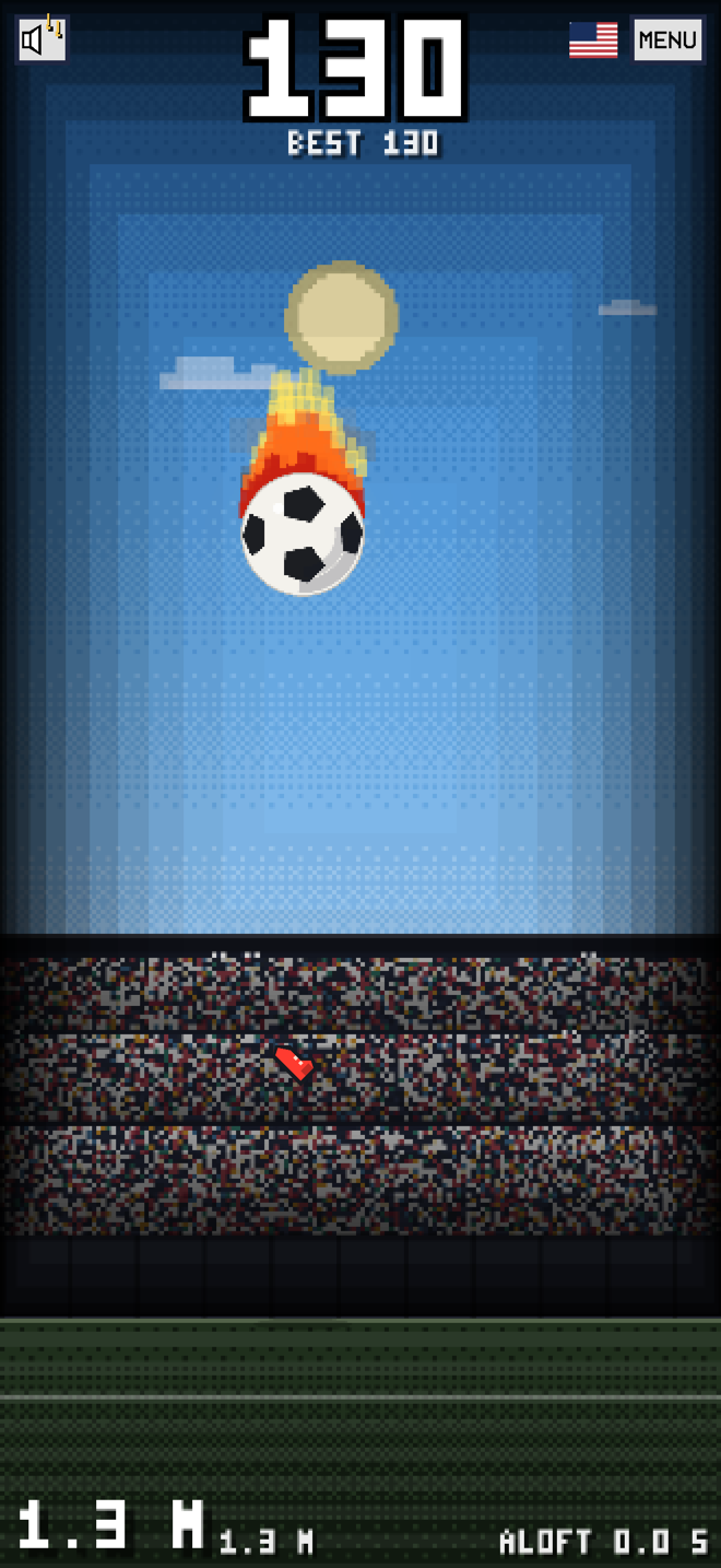 Keepy Uppy '26 gameplay with a flaming ball mid-volley at a 130 streak