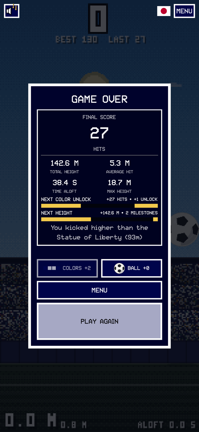 Keepy Uppy '26 game over screen showing the latest run and best score